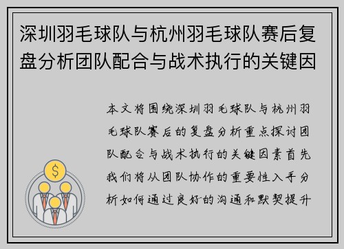 深圳羽毛球队与杭州羽毛球队赛后复盘分析团队配合与战术执行的关键因素